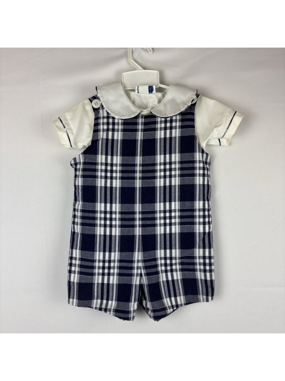 Mondays Child Boys Shortall Romper Blue White Plaid 2T